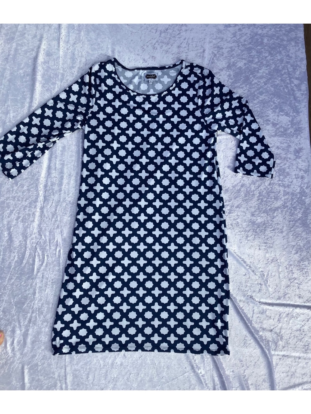 Mud Pie Women's Navy Blue and White Geometric Print Dress, Size Small